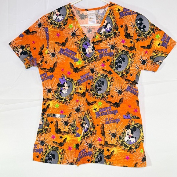 Disney Other - Disney Halloween Mickey Minnie Mouse Scrub Top Size XS V-Neck‎ Pockets